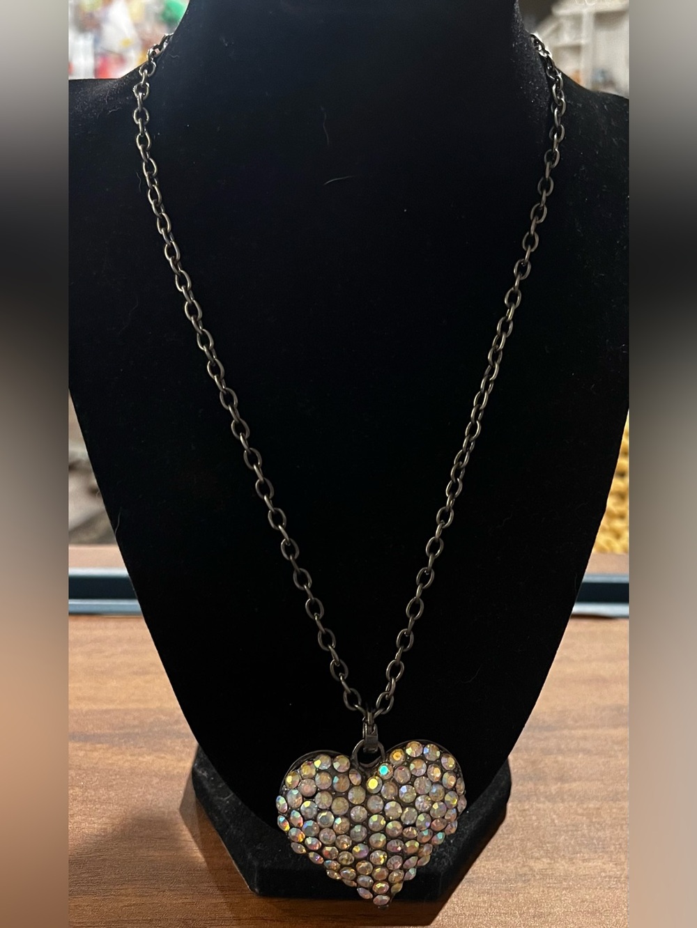 Iridescent Rhinestone Heart Pendant Statement Necklace Silver Tone 18 inches - Picture 2 of 11